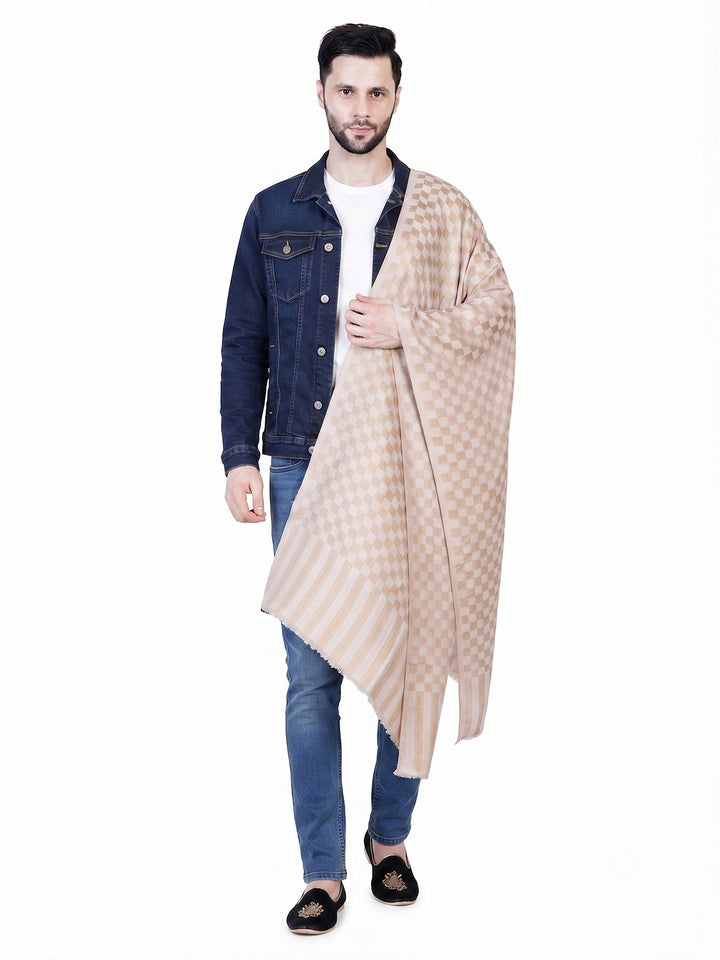 Men's Wool Shawl — Plain Beige (Gold Striped Border) - 476