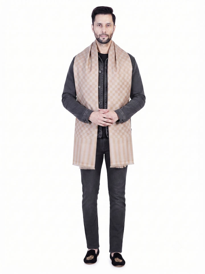Men's Wool Shawl — Plain Beige (Gold Striped Border) - 476