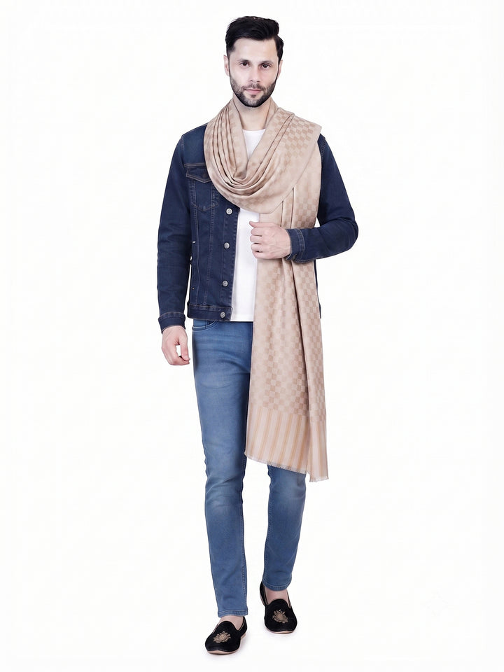 Men's Wool Shawl — Plain Beige (Gold Striped Border) - 476