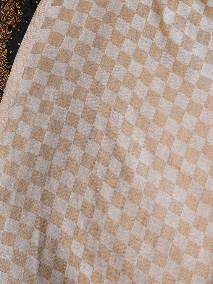 Men's Wool Shawl — Plain Beige (Gold Striped Border) - 476