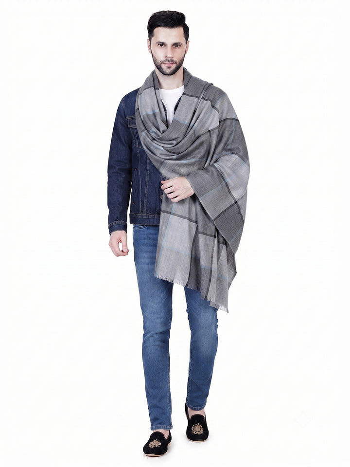 Men's Wool Shawl — Blue-Grey & Beige Block Check - 477