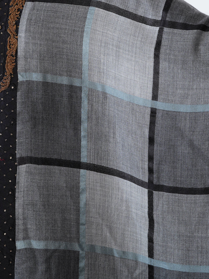 Men's Wool Shawl — Blue-Grey & Beige Block Check - 477
