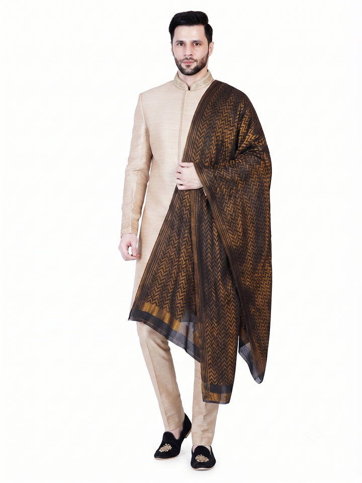 Men's Wool Shawl — Dark Brown & Navy Diamond Jacquard - 479