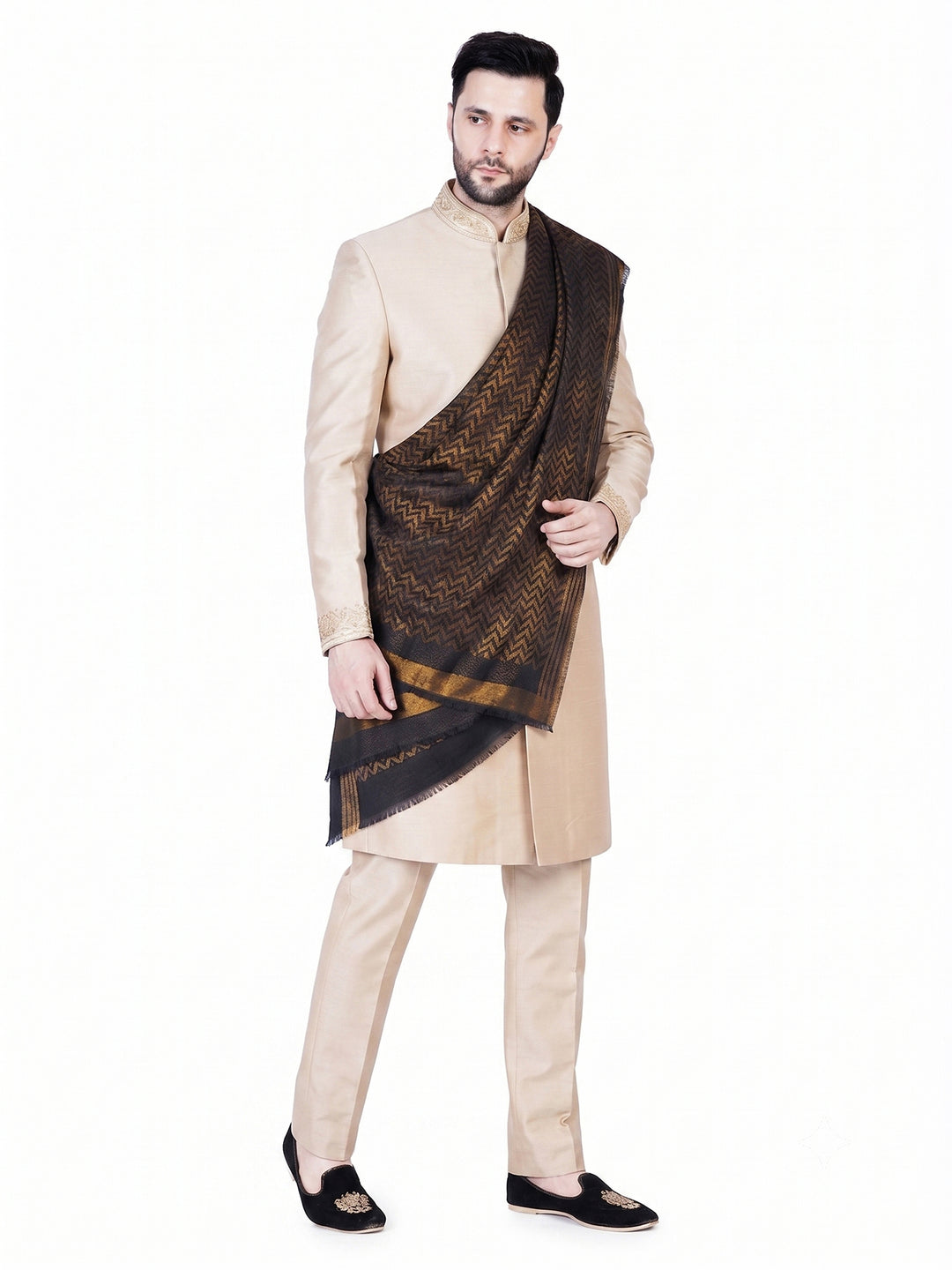Men's Wool Shawl — Dark Brown & Navy Diamond Jacquard - 479
