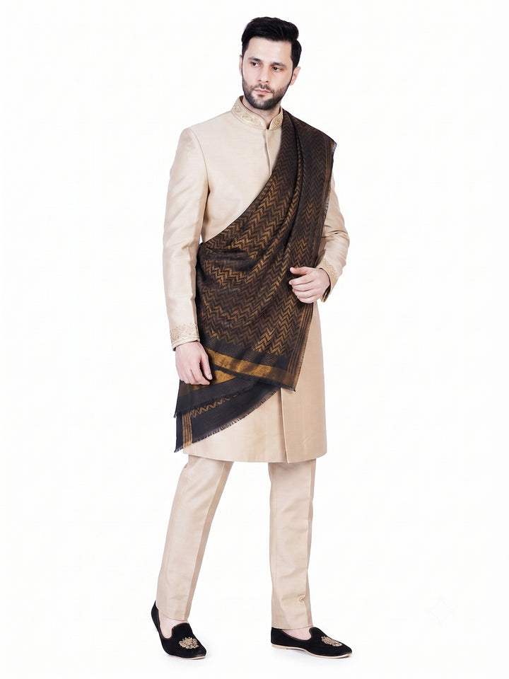 Men's Wool Shawl — Dark Brown & Navy Diamond Jacquard - 479