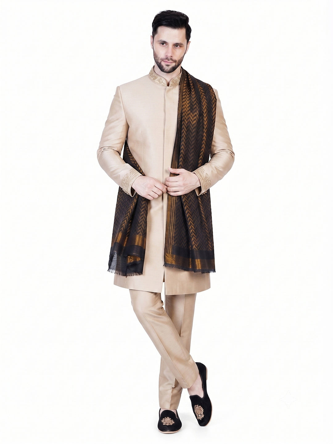 Men's Wool Shawl — Dark Brown & Navy Diamond Jacquard - 479