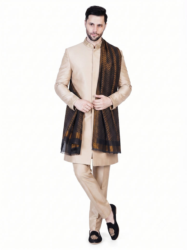 Men's Wool Shawl — Dark Brown & Navy Diamond Jacquard - 479