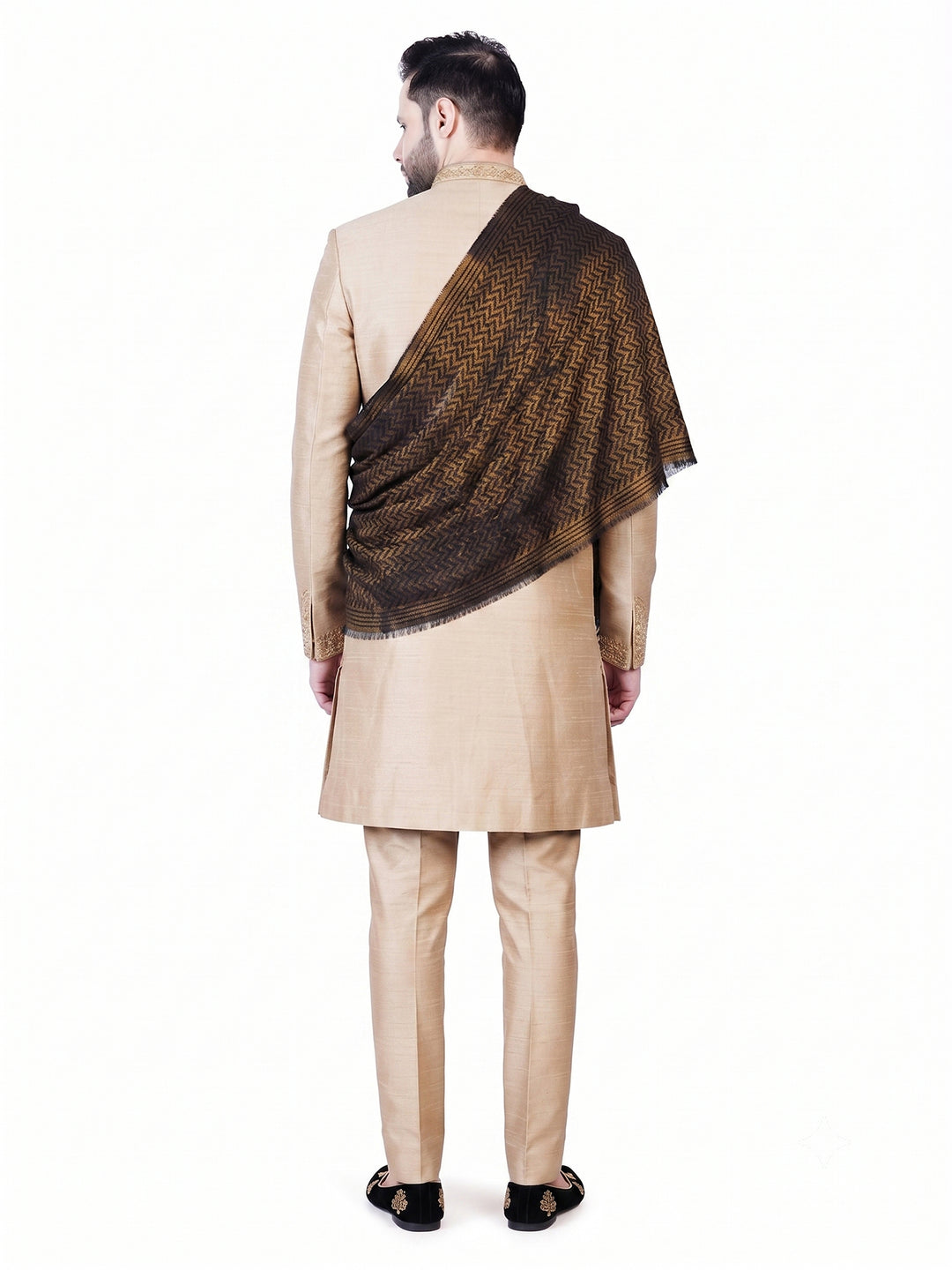 Men's Wool Shawl — Dark Brown & Navy Diamond Jacquard - 479