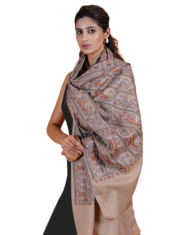 Beige Kani Sozni Paisley Embroidered Stole - 507