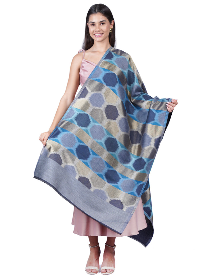 Blue Ikat Zari Mix Wool Stole  - 508