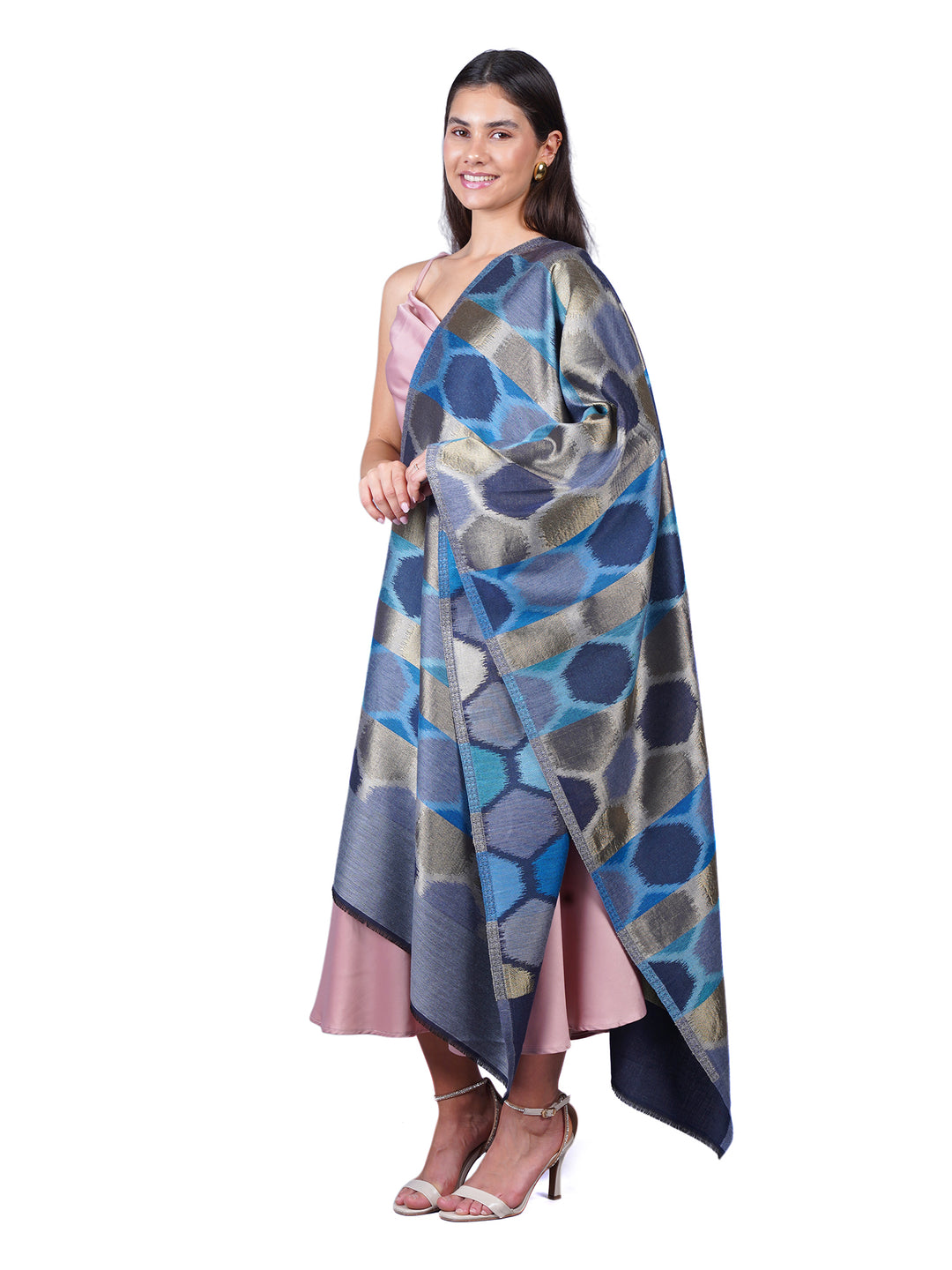 Blue Ikat Zari Mix Wool Stole  - 508
