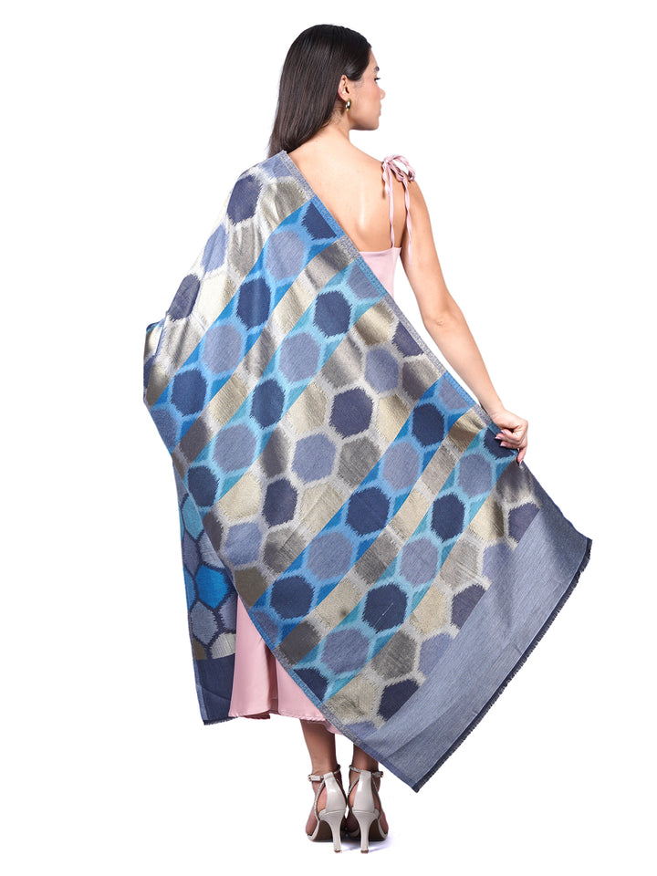 Blue Ikat Zari Mix Wool Stole  - 508