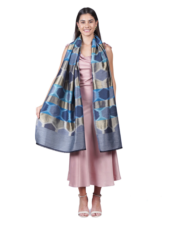 Blue Ikat Zari Mix Wool Stole  - 508