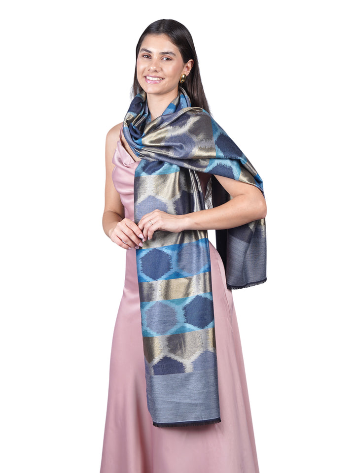 Blue Ikat Zari Mix Wool Stole  - 508