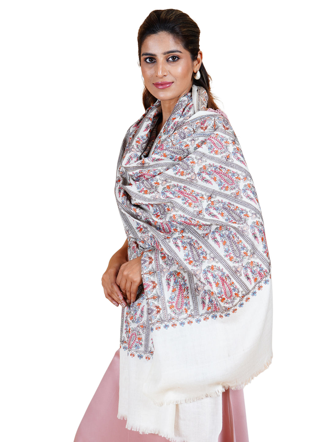 Ivory Kani Sozni Paisley Embroidered Stole - 509