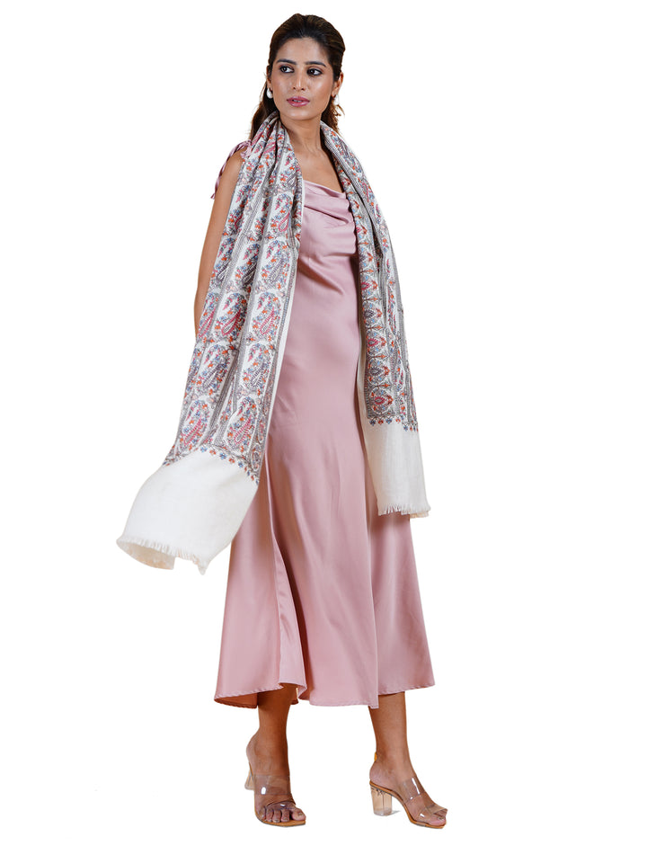 Ivory Kani Sozni Paisley Embroidered Stole - 509