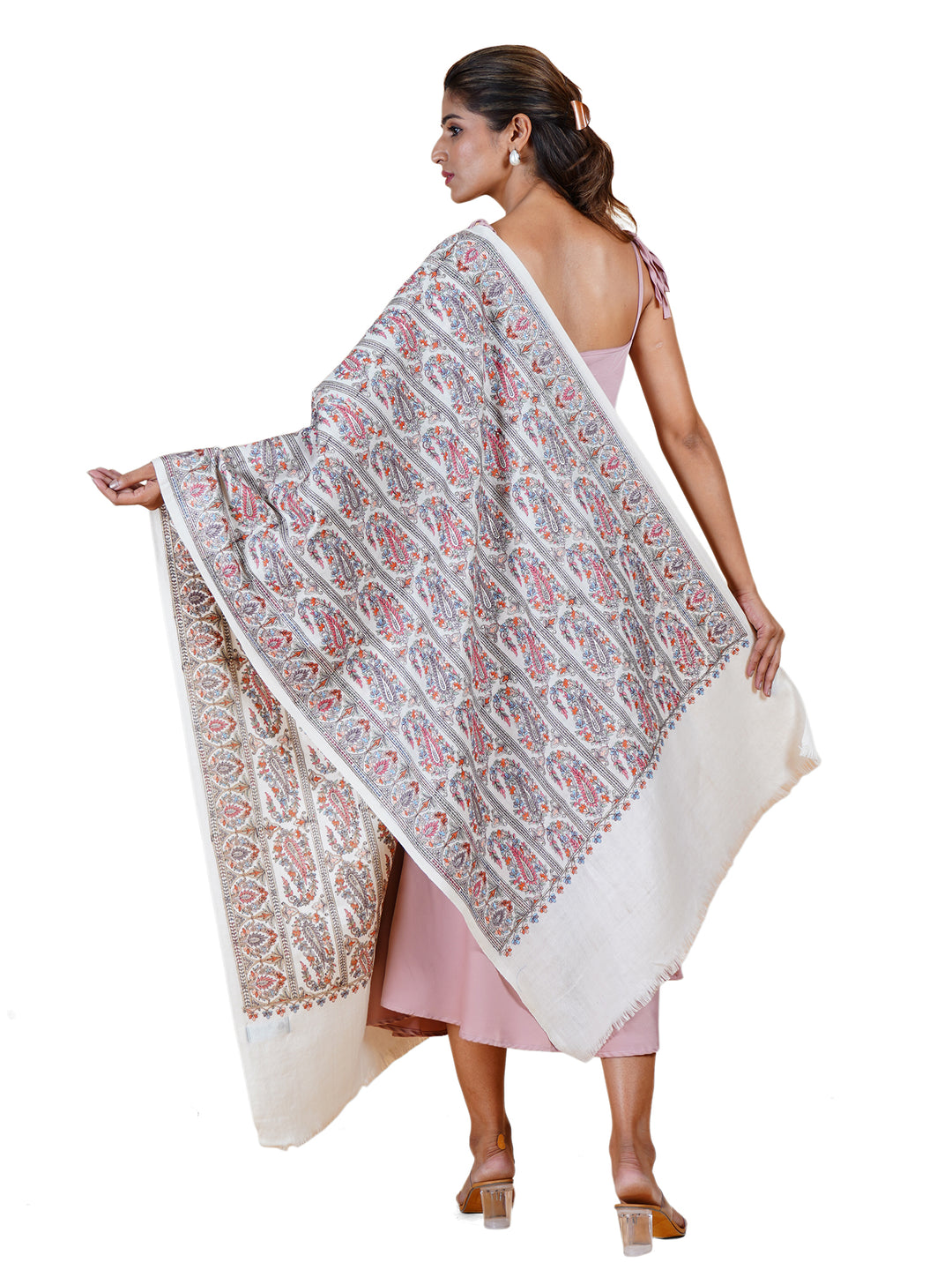 Ivory Kani Sozni Paisley Embroidered Stole - 509