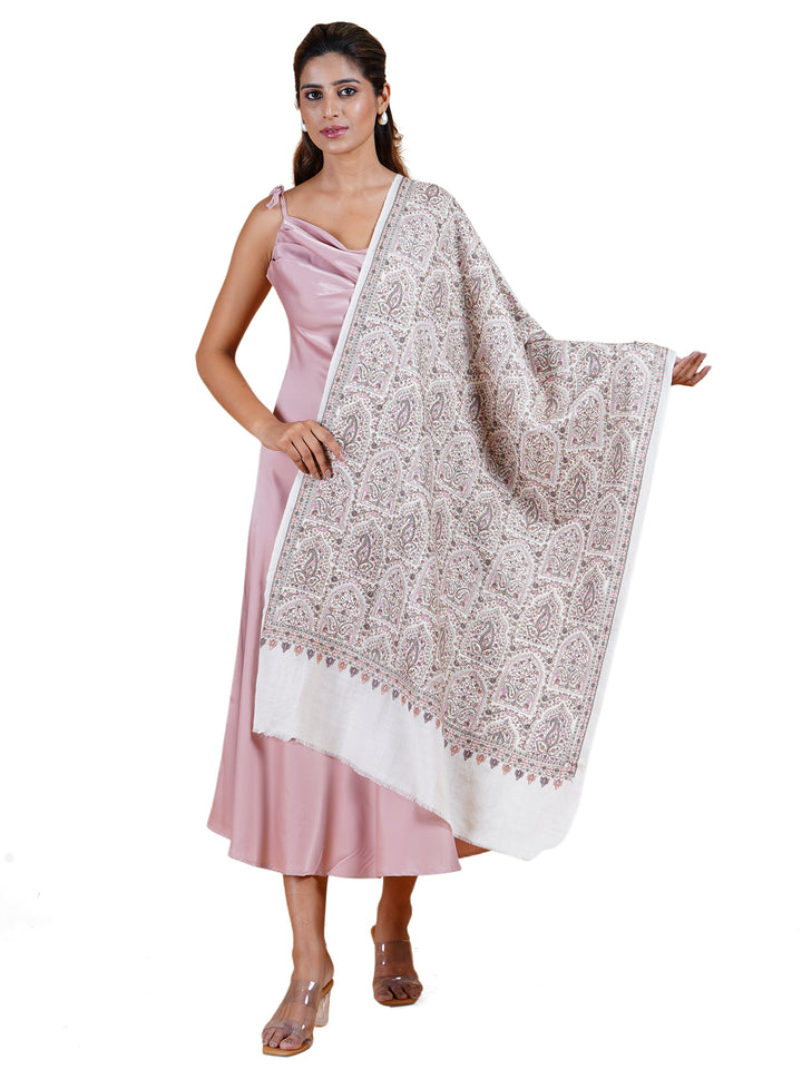 Ivory Multicolor Kani Sozni Embroidered 100% Fine Wool Stole -512
