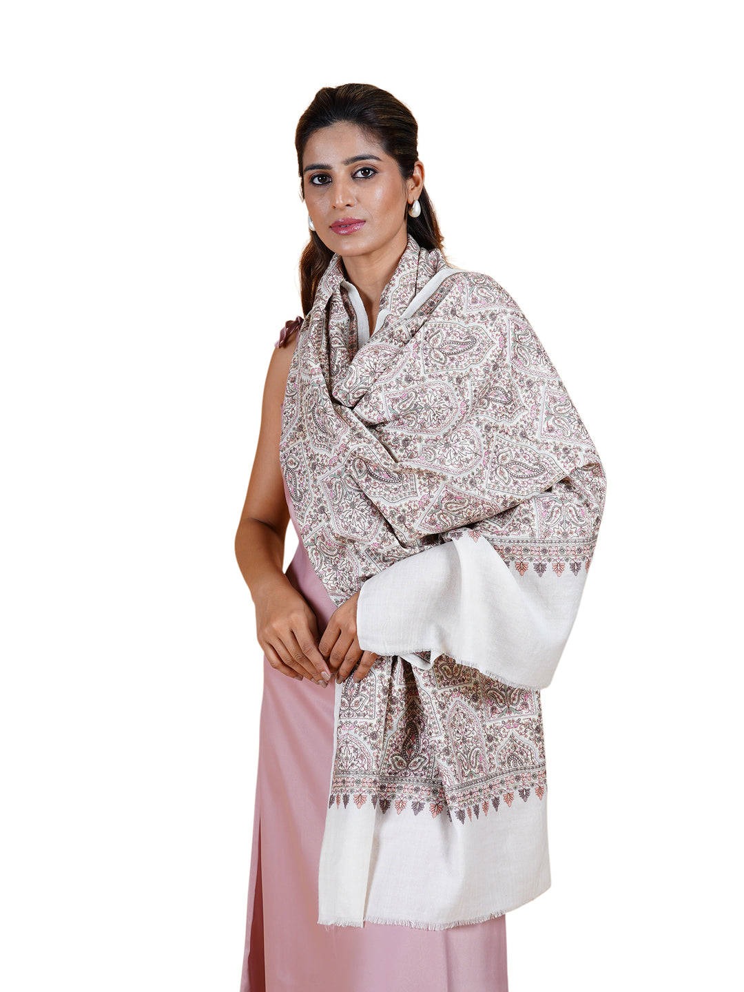 Ivory Multicolor Kani Sozni Embroidered 100% Fine Wool Stole -512