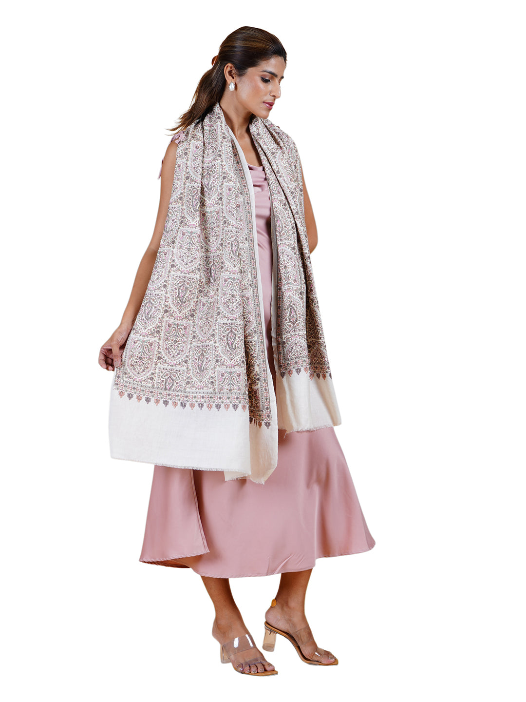 Ivory Multicolor Kani Sozni Embroidered 100% Fine Wool Stole -512