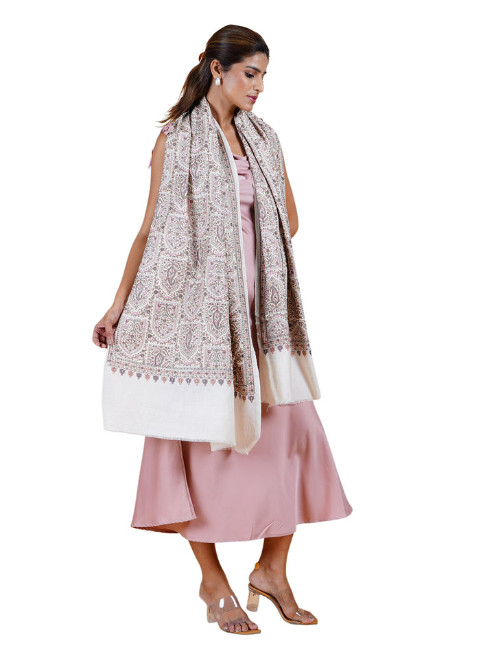 Ivory Multicolor Kani Sozni Embroidered 100% Fine Wool Stole -512