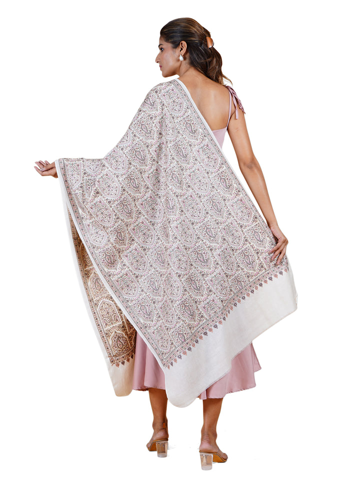 Ivory Multicolor Kani Sozni Embroidered 100% Fine Wool Stole -512