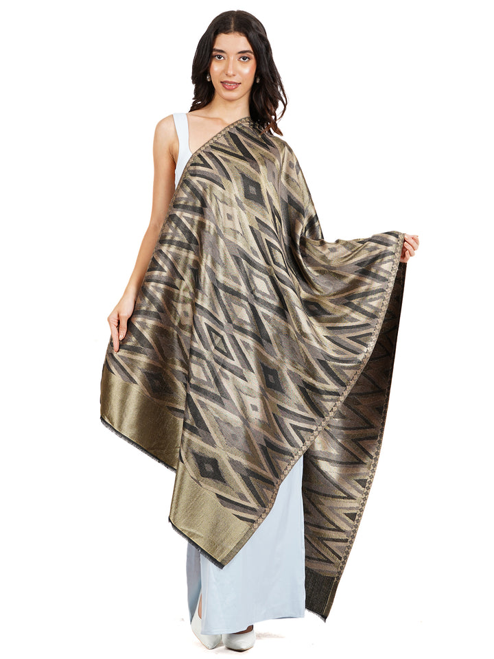 Olive Green Figure Zari Mix Wool Stole - 521