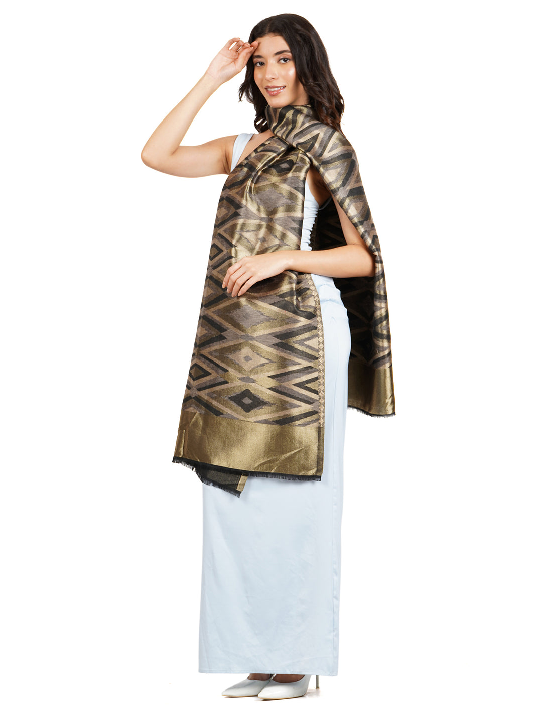 Olive Green Figure Zari Mix Wool Stole - 521