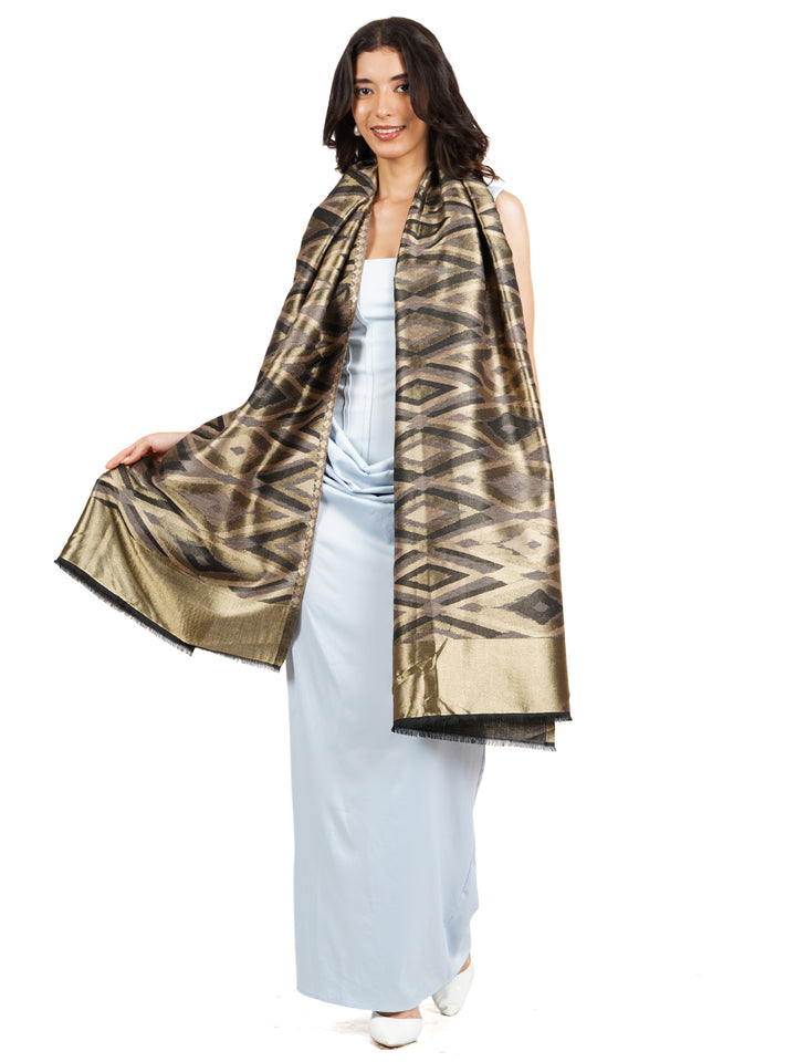 Olive Green Figure Zari Mix Wool Stole - 521