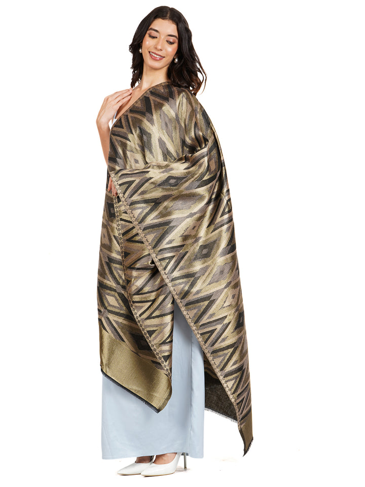 Olive Green Figure Zari Mix Wool Stole - 521