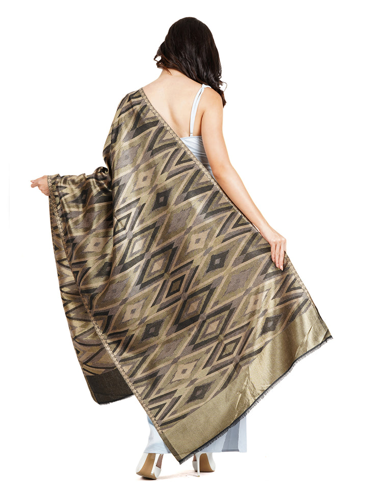 Olive Green Figure Zari Mix Wool Stole - 521