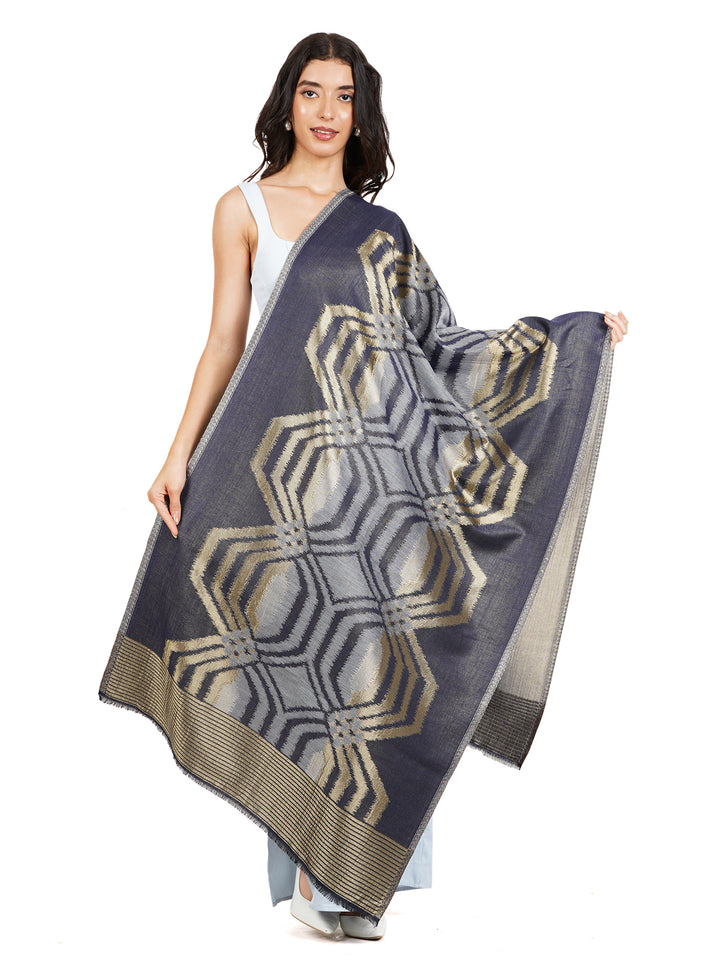 Navy Ikat Zari Mix Wool Stole  - 522