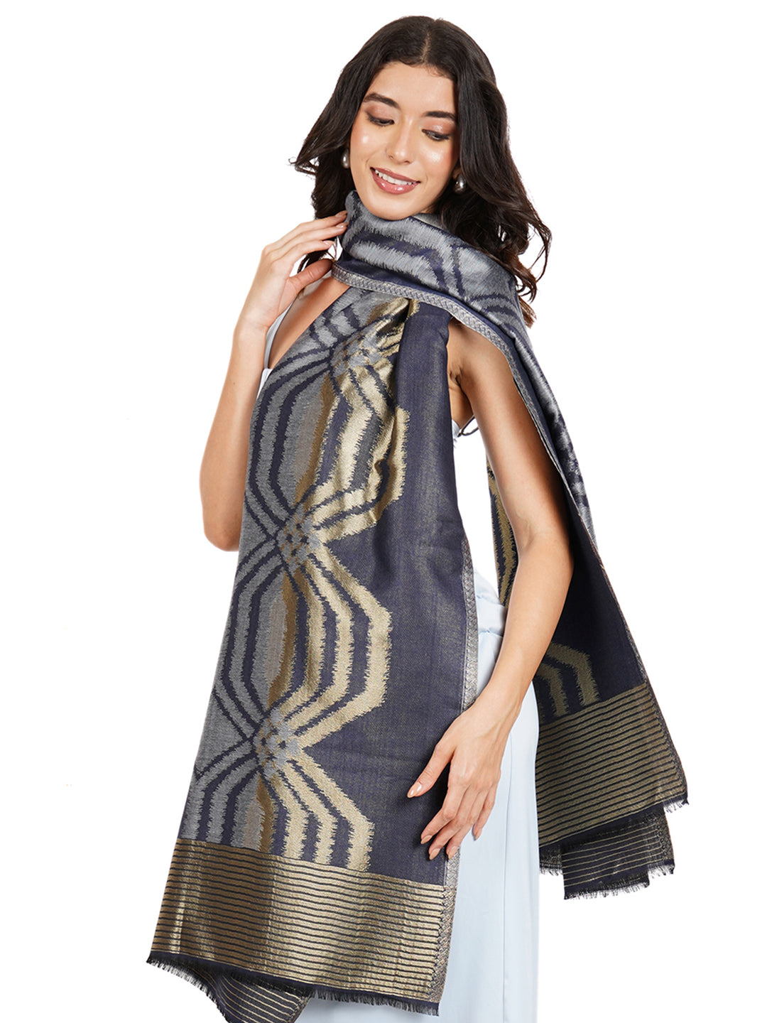 Navy Ikat Zari Mix Wool Stole  - 522