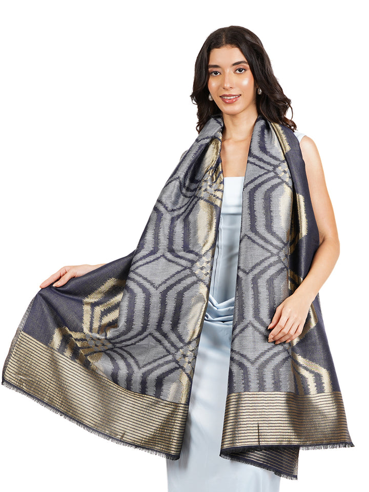 Navy Ikat Zari Mix Wool Stole  - 522