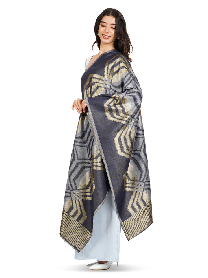 Navy Ikat Zari Mix Wool Stole  - 522