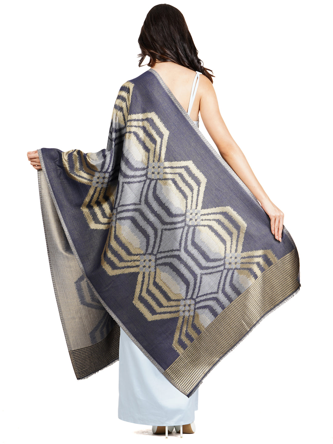 Navy Ikat Zari Mix Wool Stole  - 522