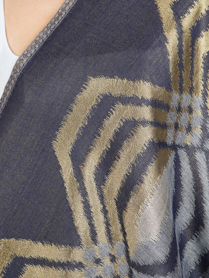 Navy Ikat Zari Mix Wool Stole  - 522