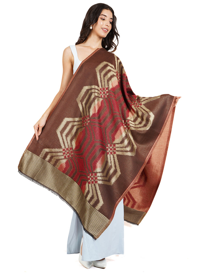Brown Ikat Zari Mix Wool Stole  - 524