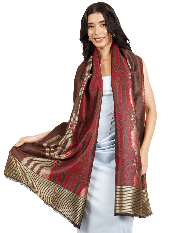 Brown Ikat Zari Mix Wool Stole  - 524