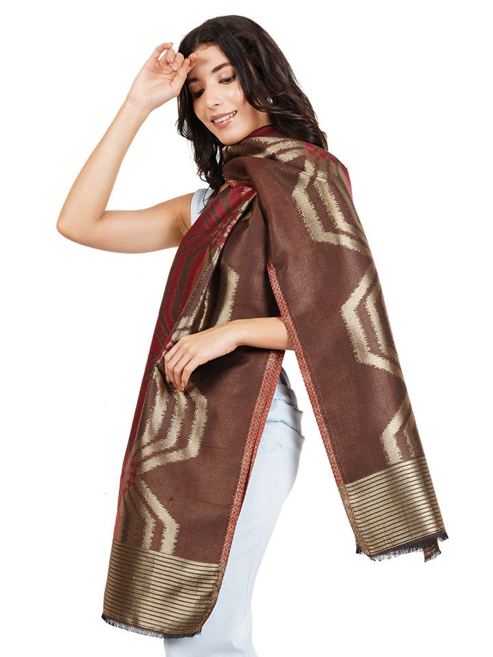 Brown Ikat Zari Mix Wool Stole  - 524