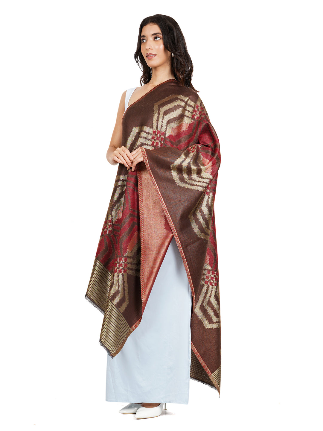 Brown Ikat Zari Mix Wool Stole  - 524