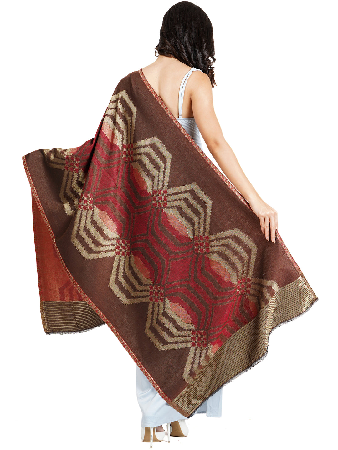 Brown Ikat Zari Mix Wool Stole  - 524