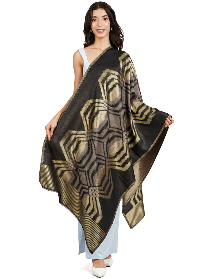 Black Ikat Zari Mix Wool Stole   - 525