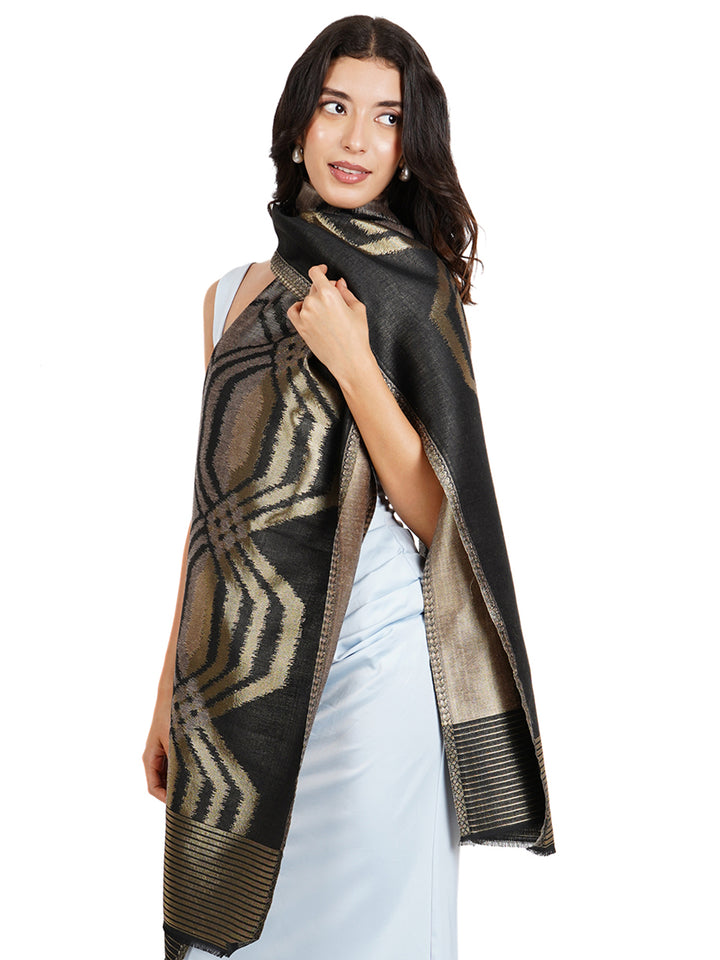 Black Ikat Zari Mix Wool Stole   - 525