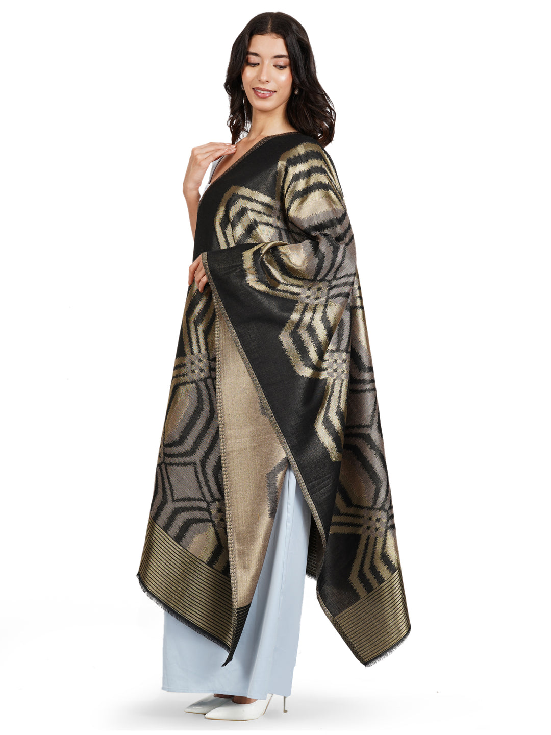 Black Ikat Zari Mix Wool Stole   - 525