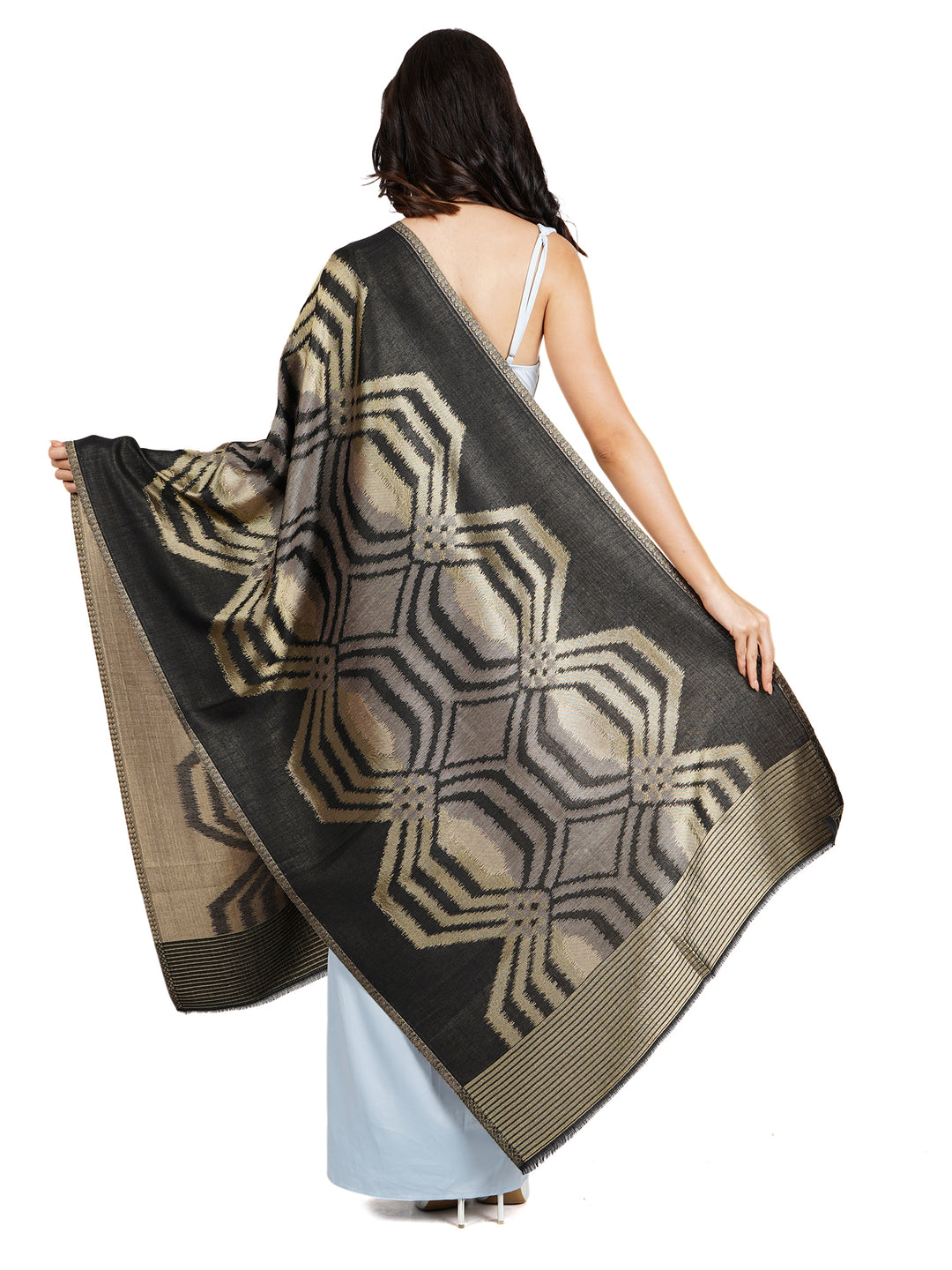 Black Ikat Zari Mix Wool Stole   - 525