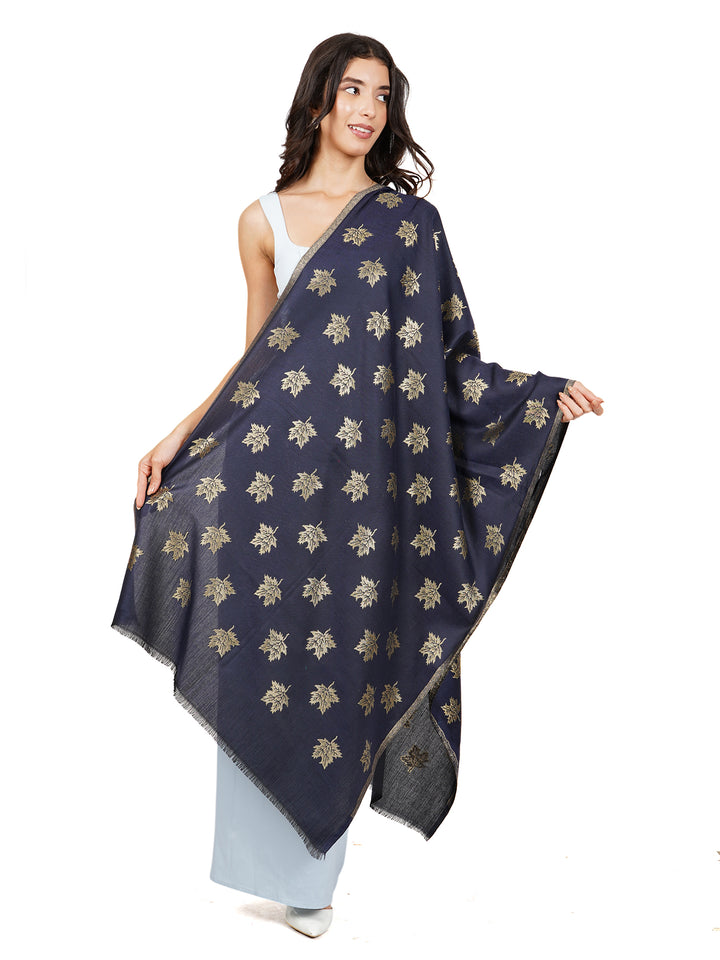 Navy Blue Maple Leaf Modal Wool Stole - 535