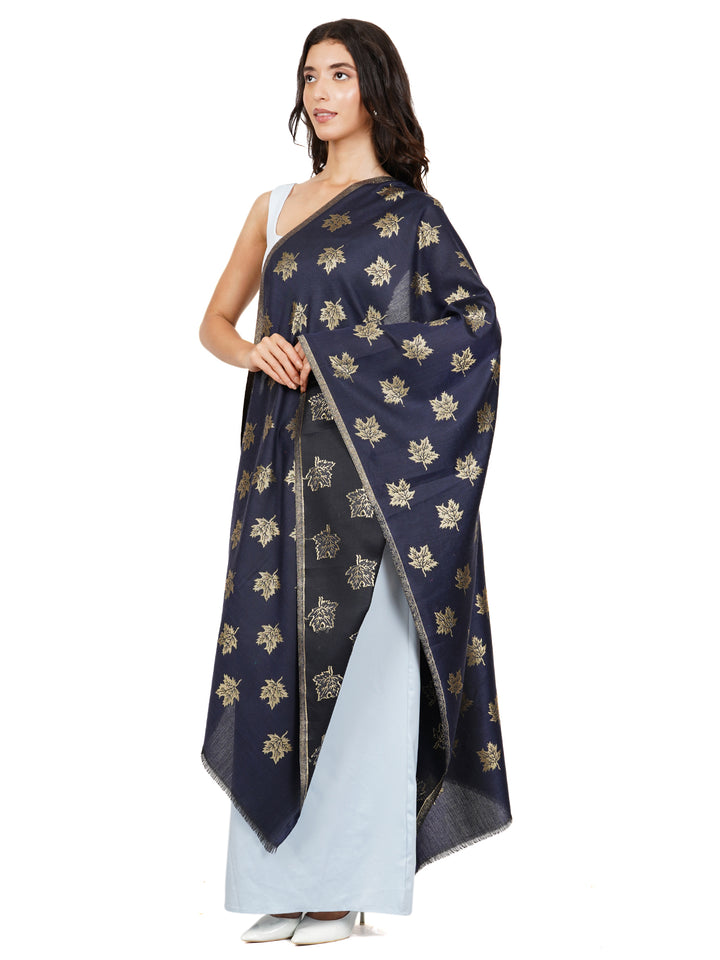 Navy Blue Maple Leaf Modal Wool Stole - 535