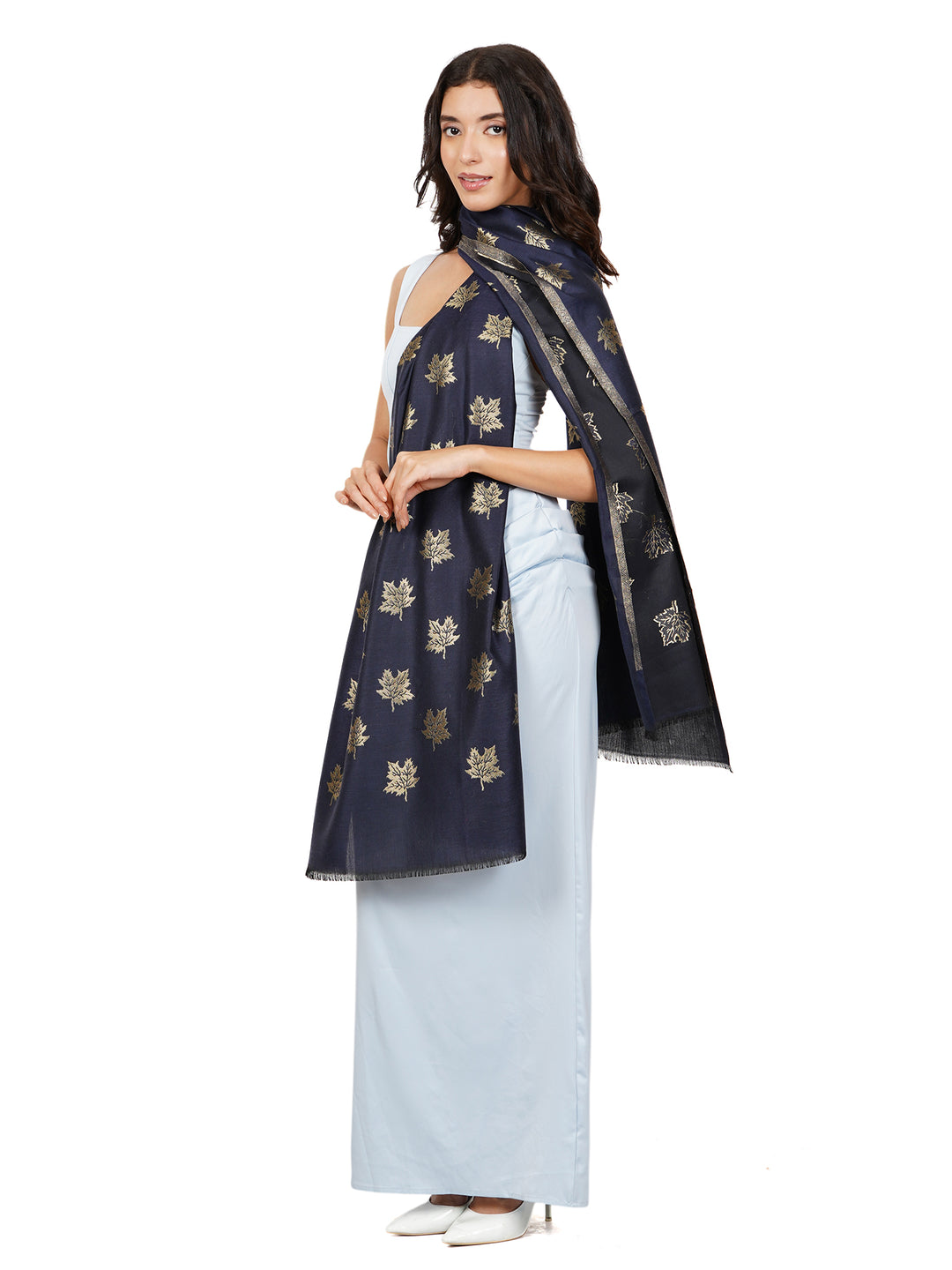 Navy Blue Maple Leaf Modal Wool Stole - 535