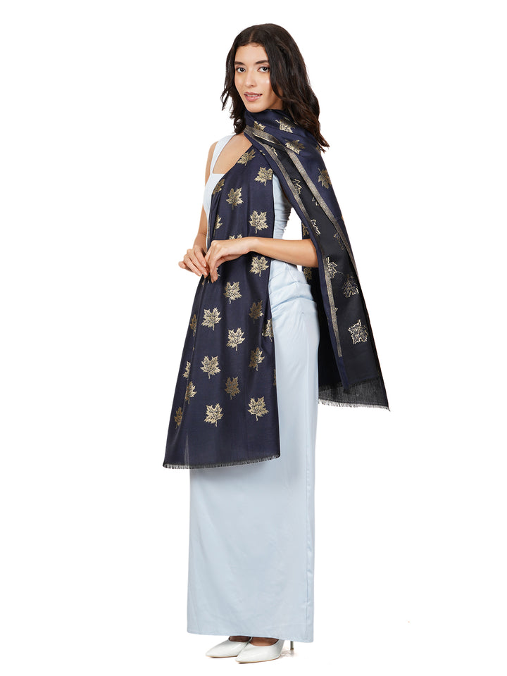 Navy Blue Maple Leaf Modal Wool Stole - 535